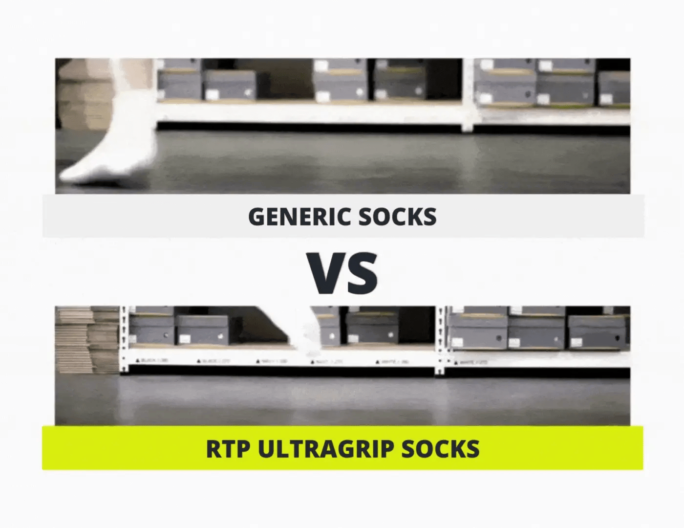 Comparison between 'Generic Socks' and 'RTP Ultragrip Socks' with a warehouse background.